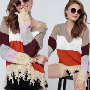 Colorblock Fringe Sweater S, M